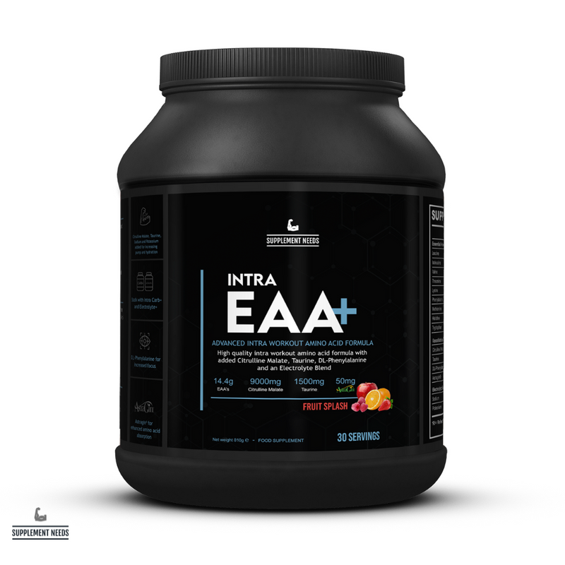 Supplement Needs Intra EAA+ Advanced Intra Workout Essential Amino Acid High Absorption Leucine BCAA muscle protein synthesis MPS Citrulline Malate Taurine Hydration Pumps Recovery Electrolytes Fruit Splash tasty flavour sweet 30 servings performance range