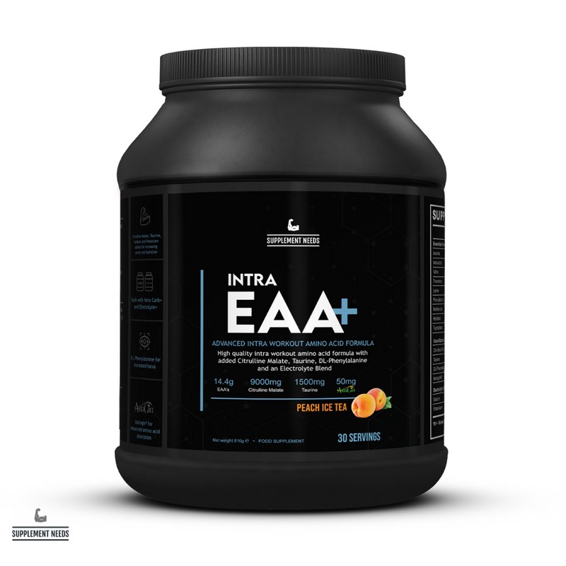 Supplement Needs Intra EAA+ Advanced Intra Workout Essential Amino Acid High Absorption Leucine BCAA muscle protein synthesis MPS Citrulline Malate Taurine Hydration Pumps Recovery Electrolytes Peach Ice Tea refreshing flavour sweet 30 servings performance range