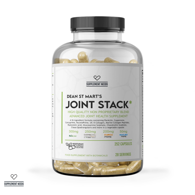 Supplement Needs Dr Dean St Mart Joint Stack health Range High Quality Transparent Non Proprietary Blend 14 ingredients Glucosamine Collagen Peptide UC-II Casperome Boswellia CurcuPrime curcumin anti-inflammatory inflammation pain osteoarthritis ParActin andrographis nucleotides Cissus Chondroitin tendon ligament tendonitis knee elbow pain 28 servings 252 capsules Hyaluronic acid