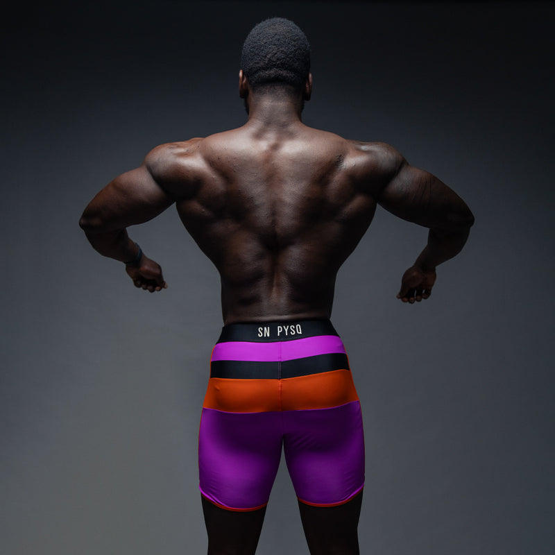 SN Clo. Mens Physique Board Shorts - Purple / Orange / Black