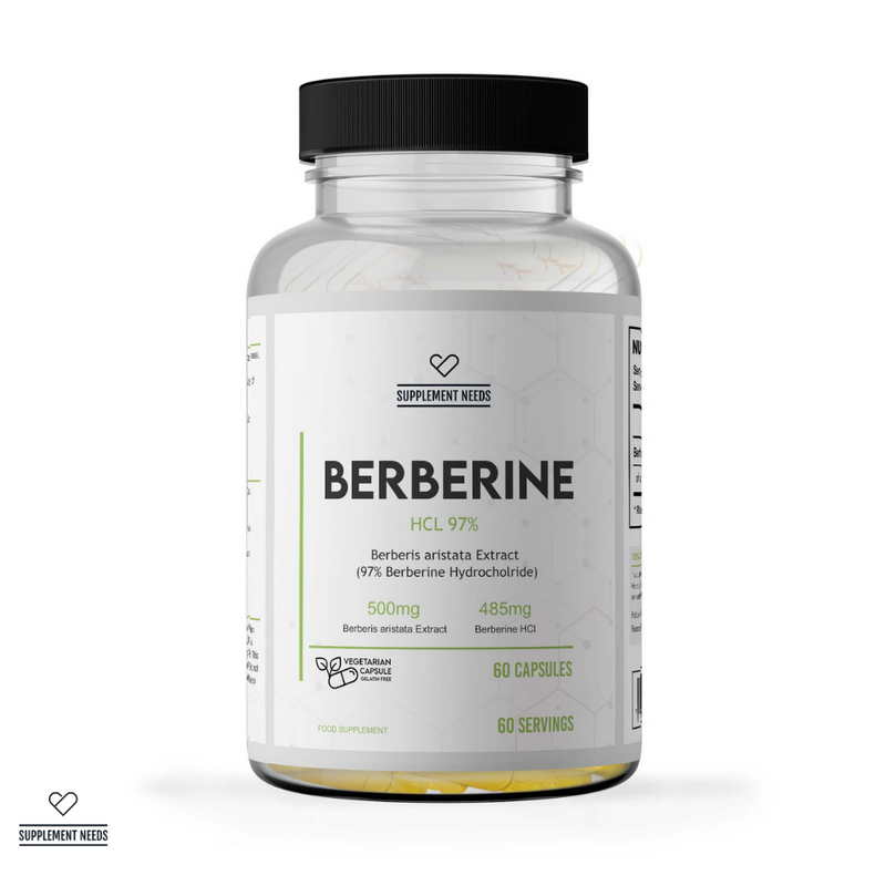 Supplement Needs Berberine HCl Berberis Aristata 97% 500mg 60 servings capsules blood sugar glucose control disposal agent antibacterial SIBO small intestinal bacteria health range