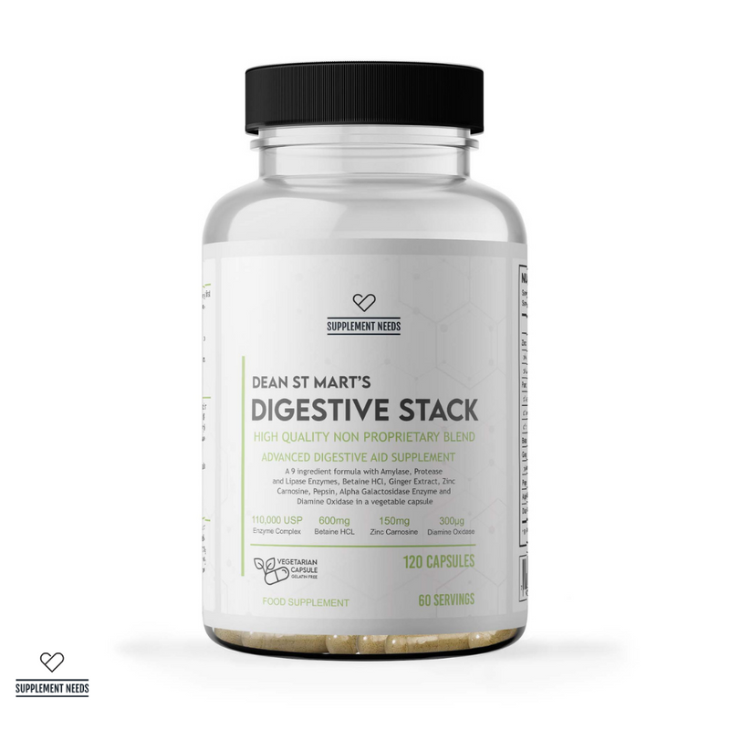 Supplement Needs Dr Dean St Mart Digestive Stack High Quality Non Proprietary 9 ingredients 120 capsules 60 servings 9 ingredients Betaine HCl Enzyme Lipase Ginger Zinc Carnosine Stomach Acid Low Motility Diamine Oxidase DAO histamine Alpha Galactosidase bloating indigestion heartburn ulcer health range