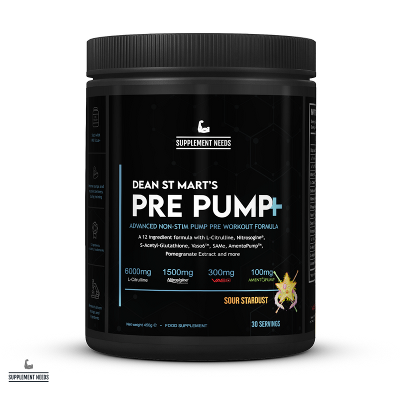 Supplement Needs Dr Dean St Mart PRE Pump Sour Stardust 12 ingredients Non Stim Pre workout Vasodilation L-Citrulline High Dose Non Proprietary S-Acetyl-Glutathione Nitrosogine Amentopump PDE inhibitor Pomegranate Antioxidant Fully Transparent Performance Range