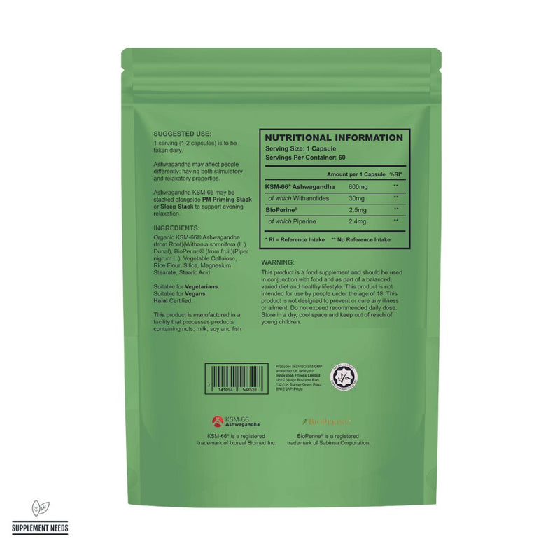 Supplement Needs Vegan Ashwagandha KSM-66 Nutritional Information Facts Reference Intake RDANon-Milk Solvent Extraction Bioperine Black Pepper Enhanced Absorption Bioavailability Adaptogen Mental Stress Nootropic 60 capsules servings