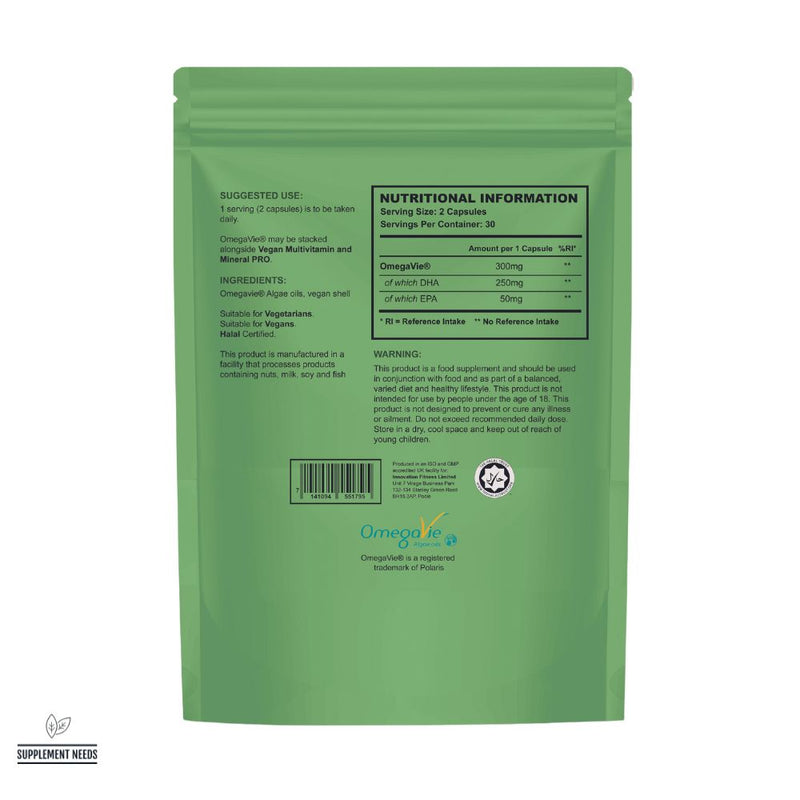 Supplement Needs Vegan Omega 3 Omegavie Capsule 60 30 servings EPA DHA Ultra Stable Microalgae Transparent Dosing Back Panel RDA RI Reference Intake Nutritional Information Halal Trust Approved